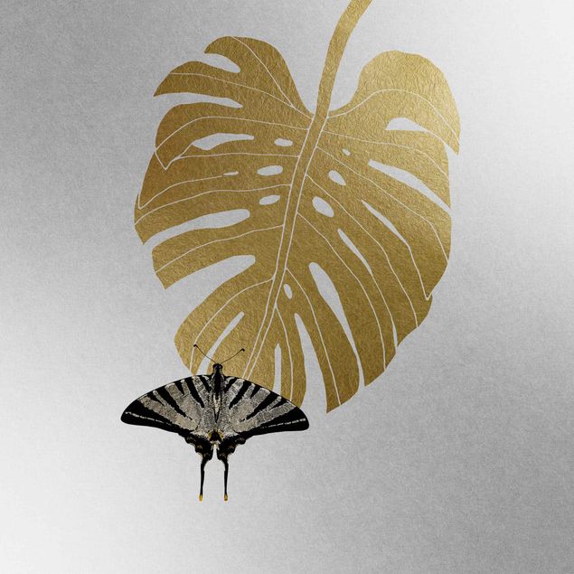 Metallic Tapete  - Goldene Monstera mit Schmetterling