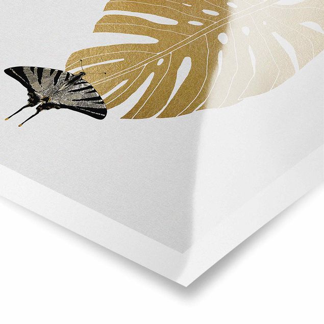 Poster - Goldene Monstera mit Schmetterling - Quadrat 1:1