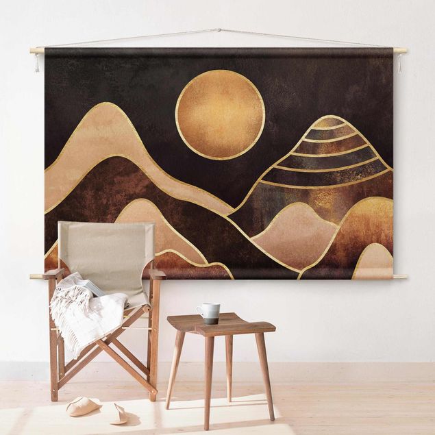 Wandteppich modern Goldene Sonne abstrakte Berge