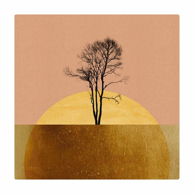 Kork-Teppich - Goldene Sonne mit Baum - Quadrat 1:1