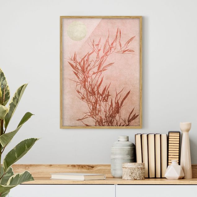 Kubistika Poster Goldene Sonne mit Rosa Bambus