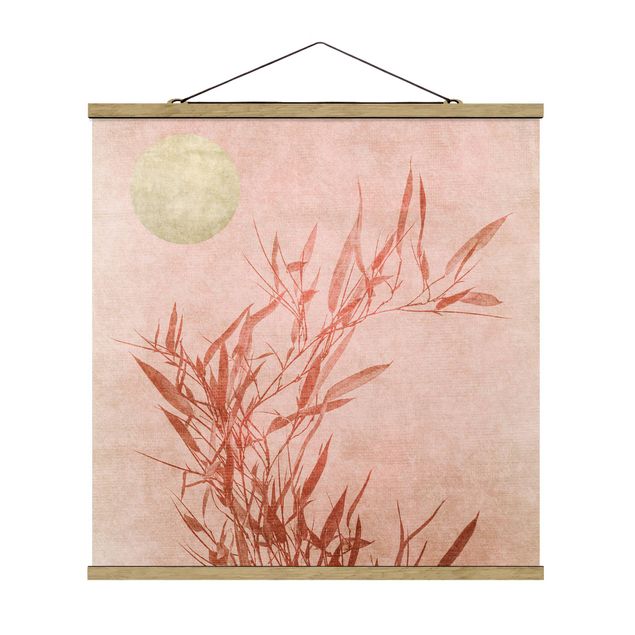Stoffbild mit Posterleisten - Goldene Sonne mit Rosa Bambus - Quadrat 1:1