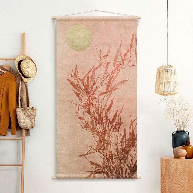 Wandteppich modern Goldene Sonne mit Rosa Bambus