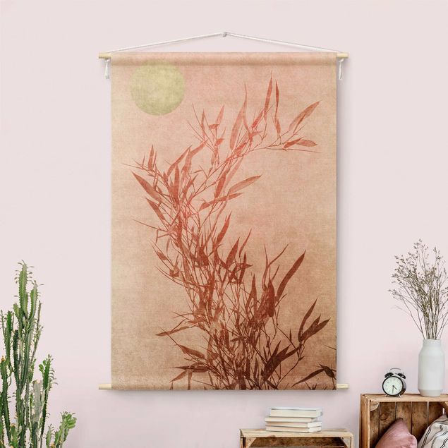 Wandbehang Goldene Sonne mit Rosa Bambus