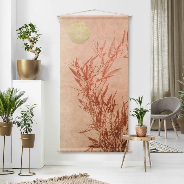 Wandtücher Goldene Sonne mit Rosa Bambus