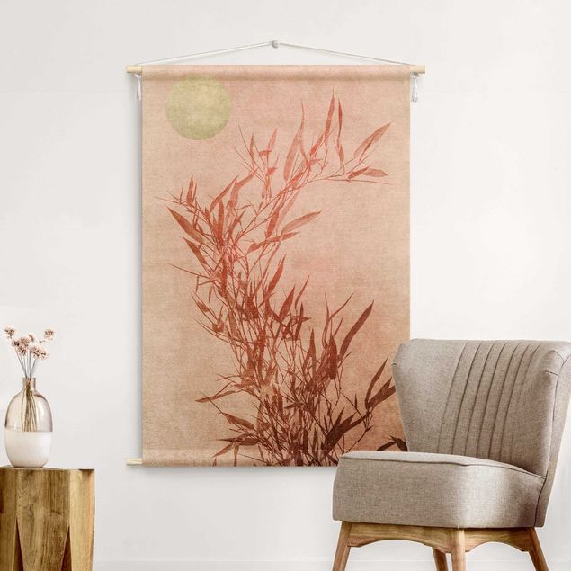 Wandteppich groß Goldene Sonne mit Rosa Bambus