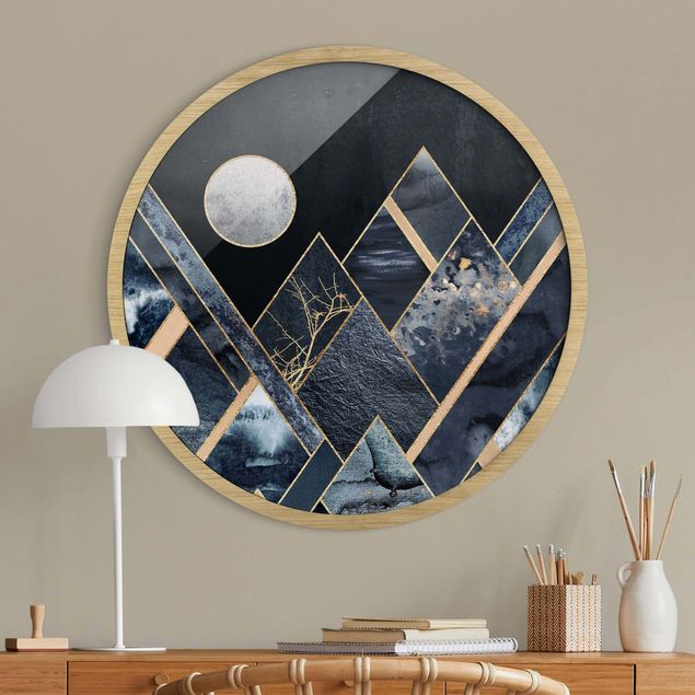 Runde Bilder mit Rahmen Goldener Mond abstrakte schwarze Berge