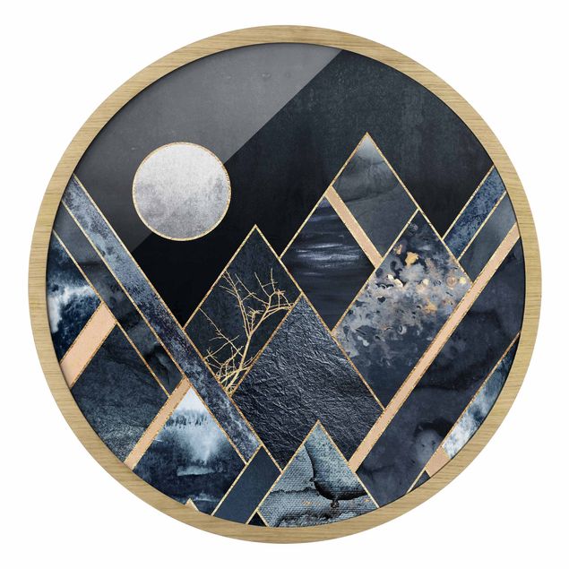 Fredriksson Poster Goldener Mond abstrakte schwarze Berge
