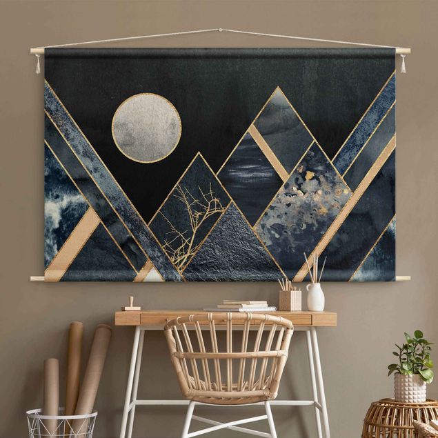 Wandbehang Stoffbild Goldener Mond abstrakte schwarze Berge