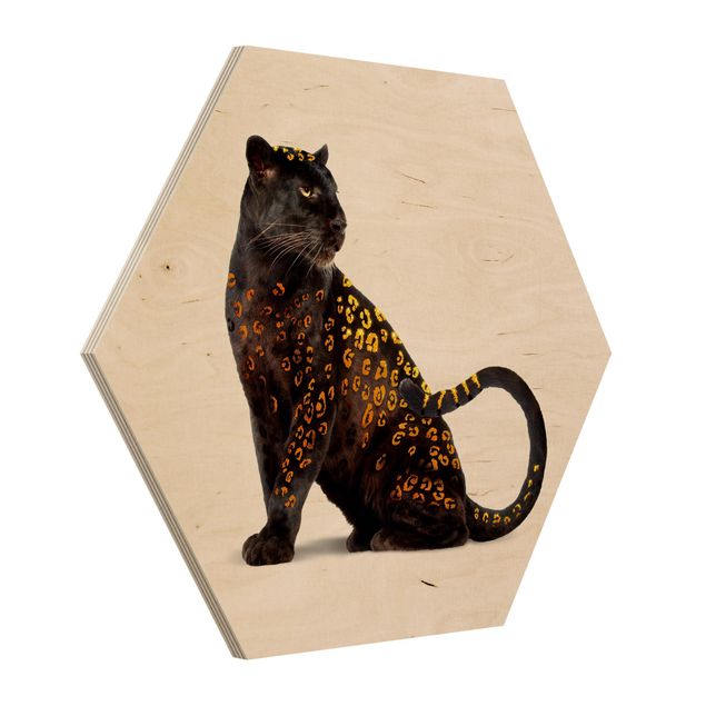Hexagon Bild Holz - Goldener Panther