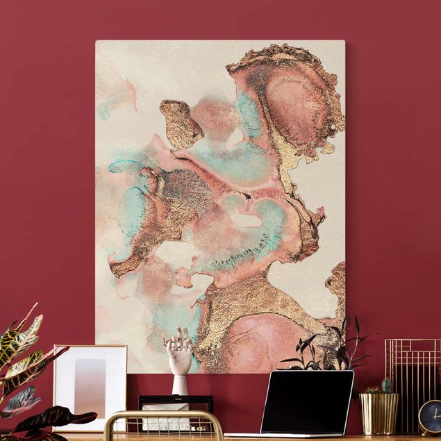 abstrakte Leinwandbilder Goldenes Aquarell Rosé