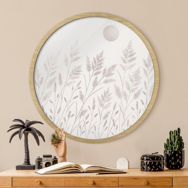 Runde Bilder mit Rahmen Gräser und Mond in Silber