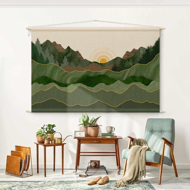 Wandtücher Grafische Landschaft mit Sonne