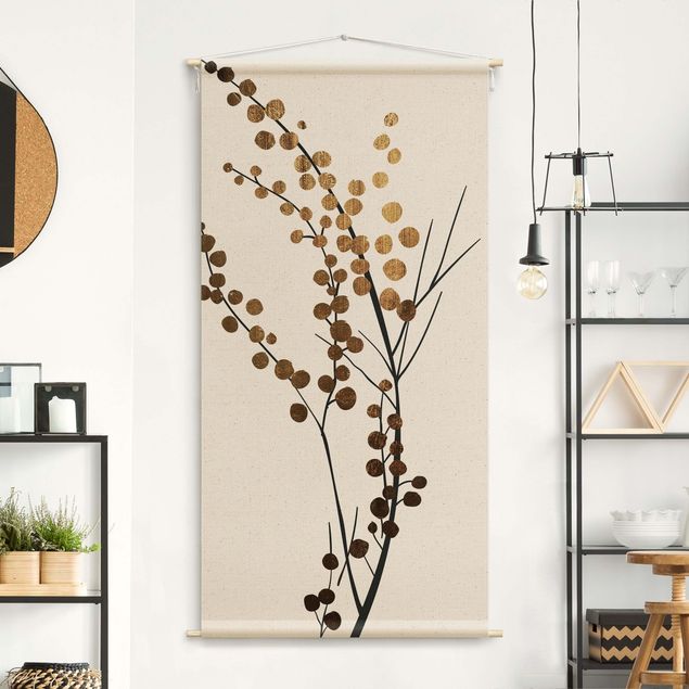 Wandteppich modern Grafische Pflanzenwelt - Beeren Gold