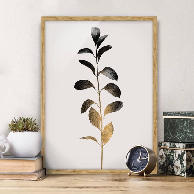 Moderne Bilder mit Rahmen Grafische Pflanzenwelt - Gold und Grau