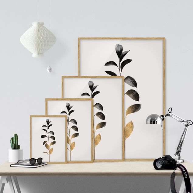 Bilder mit Rahmen Grafische Pflanzenwelt - Gold und Grau