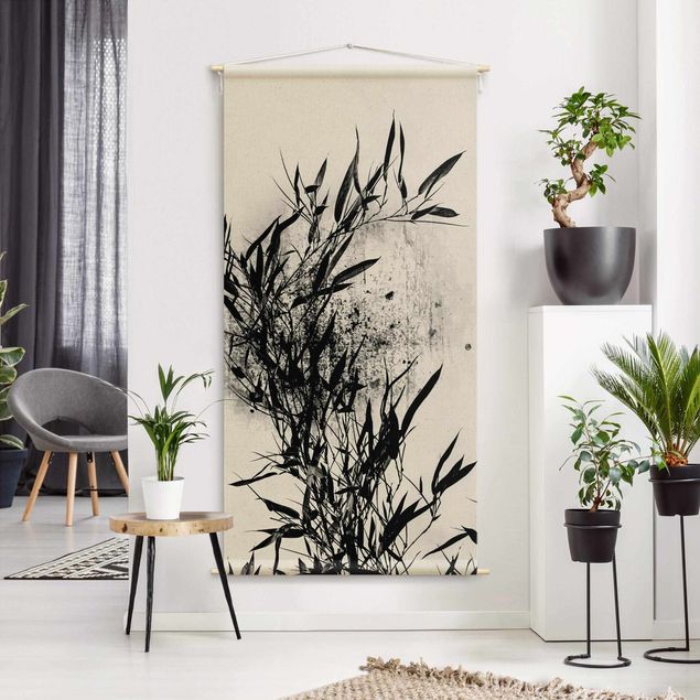 Wandbehang Tuch Grafische Pflanzenwelt - Schwarzer Bambus
