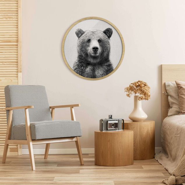 Tiere Bilder mit Rahmen Grizzlybär Gustel Schwarz Weiß