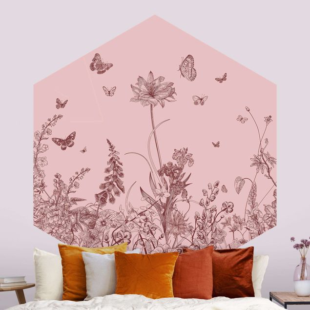 Hexagon Mustertapete selbstklebend - Große Blumen mit Schmetterlingen auf Rosa