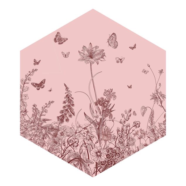 Hexagon Mustertapete selbstklebend - Große Blumen mit Schmetterlingen auf Rosa