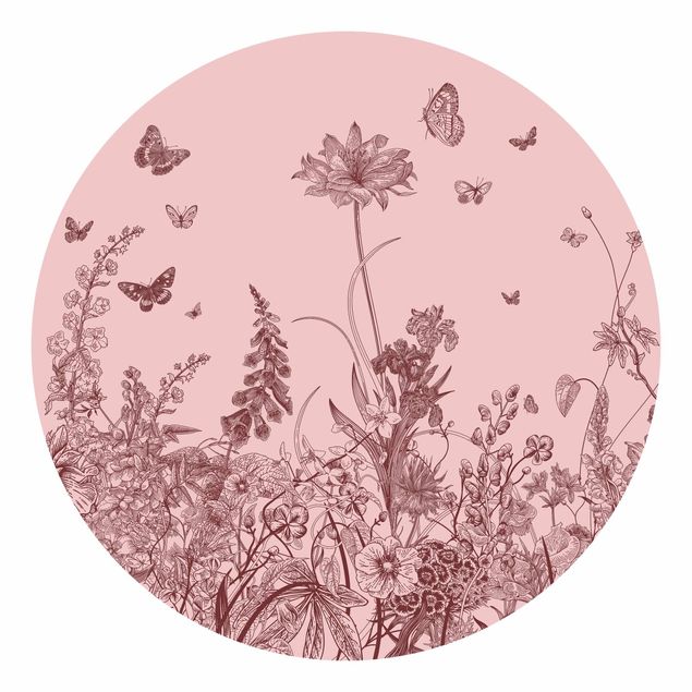 Runde Tapete selbstklebend - Große Blumen mit Schmetterlingen auf Rosa
