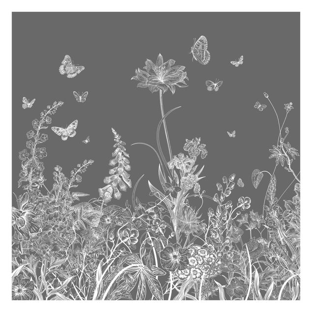 Fototapete - Große Blumen mit Schmetterlingen in Grau