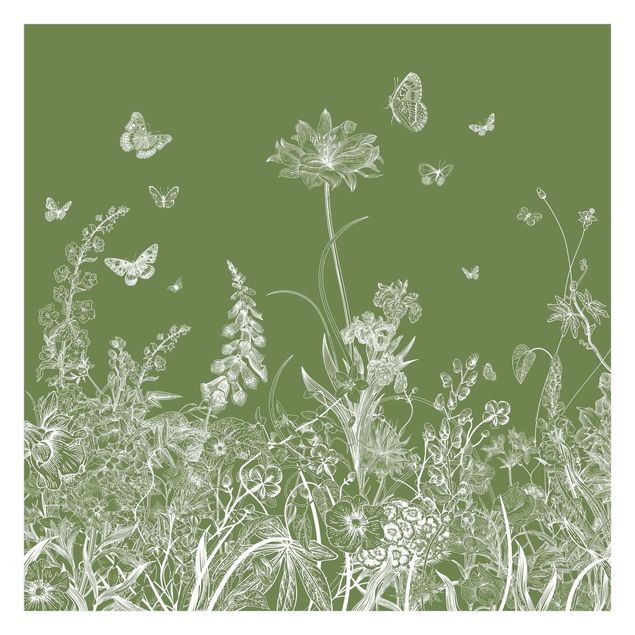 Fototapete - Große Blumen mit Schmetterlingen in Grün