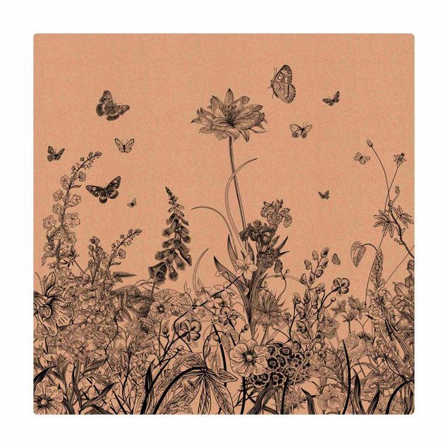 Kork-Teppich - Große Blumen mit Schmetterlingen in Schwarz - Quadrat 1:1