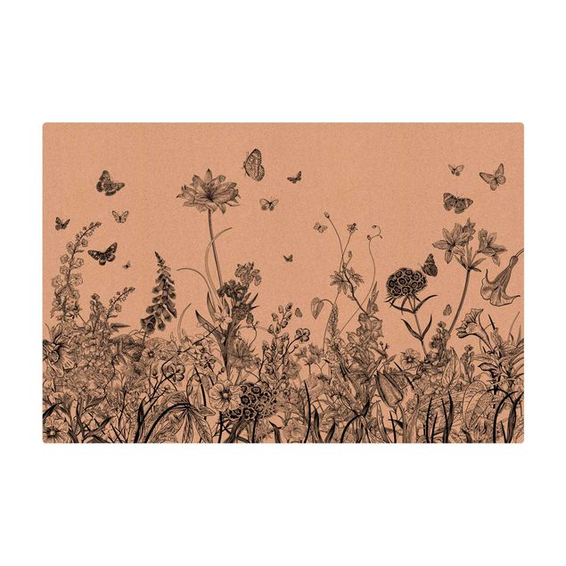 Kork-Teppich - Große Blumen mit Schmetterlingen in Schwarz - Querformat 3:2
