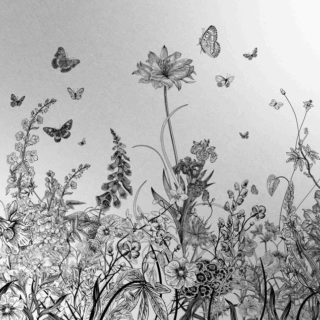 Metallic Tapete  - Große Blumen mit Schmetterlingen in Schwarz