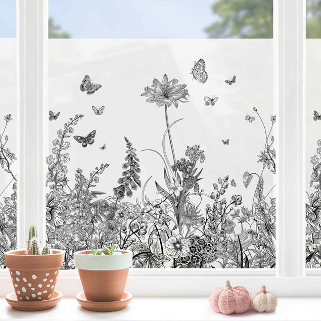 Fensterbilder selbstklebend Blumen Große Blumen mit Schmetterlingen in Schwarz