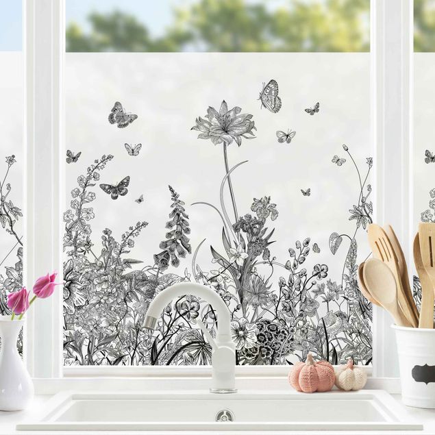 Fensterfolie - Sichtschutz - Große Blumen mit Schmetterlingen in