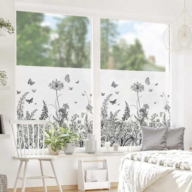 Fensterfolie - Sichtschutz - Große Blumen mit Schmetterlingen in Schwarz -  Fensterbilder