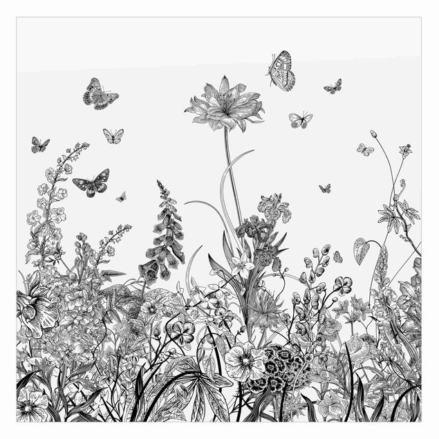 Fensterbilder Folie Große Blumen mit Schmetterlingen in Schwarz