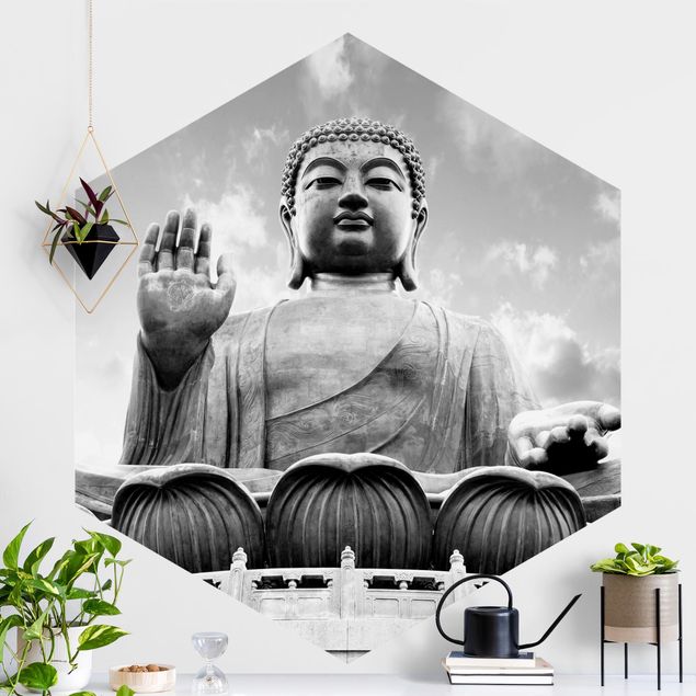 Tapete orientalisch Großer Buddha Schwarz-Weiß