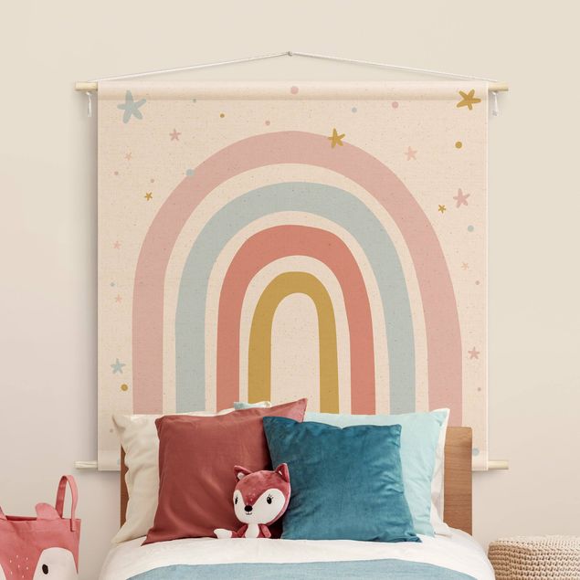 Wandbehang Stoffbild Großer Regenbogen mit Sternen und Pünktchen