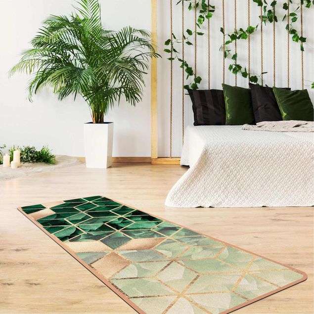 Teppich abstrakt Grüne Blätter goldene Geometrie