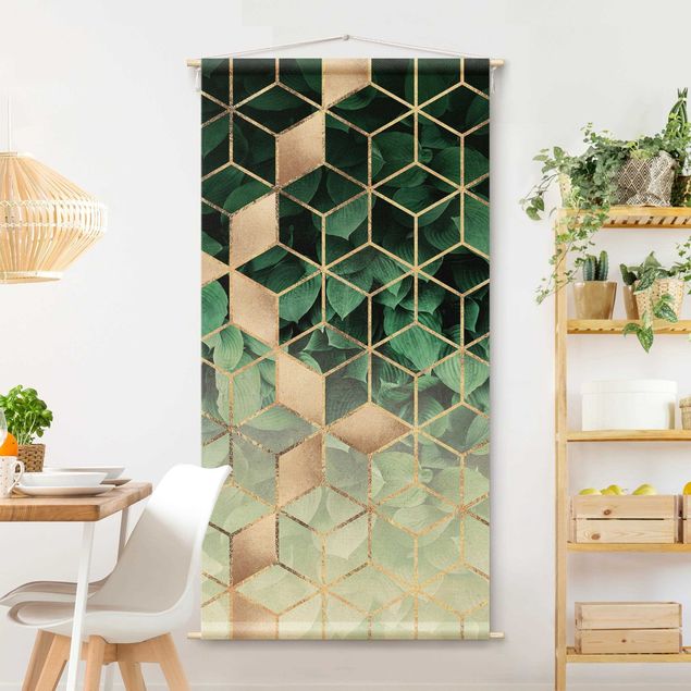Wandteppich modern Grüne Blätter goldene Geometrie