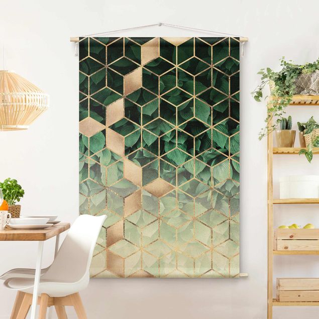 Moderne Wandteppiche Grüne Blätter goldene Geometrie