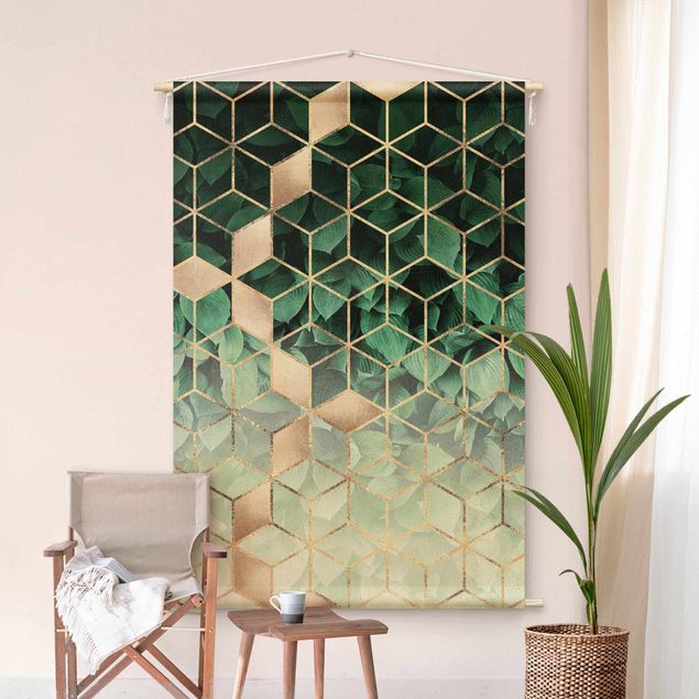 Wandbehang Stoffbild Grüne Blätter goldene Geometrie