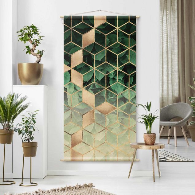 Wandtücher Grüne Blätter goldene Geometrie