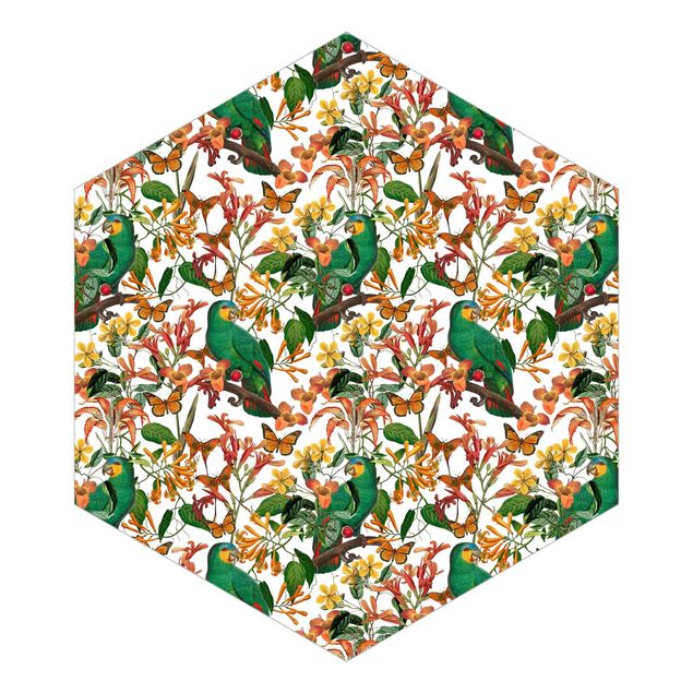 Hexagon Mustertapete selbstklebend - Grüne Papageien mit tropischen Schmetterlingen