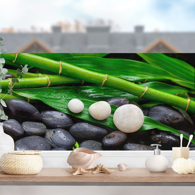 Fensterfolie bunt Grüner Bambus mit Zen Steinen