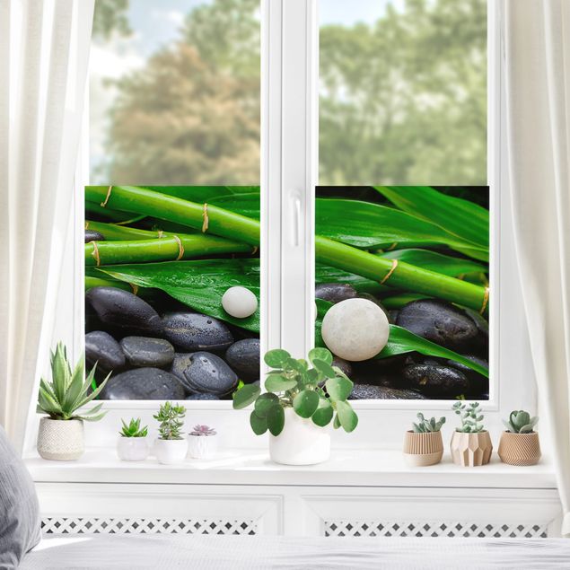 Fensterfolie - Sichtschutz - Grüner Bambus mit Zen Steinen - Fensterbilder
