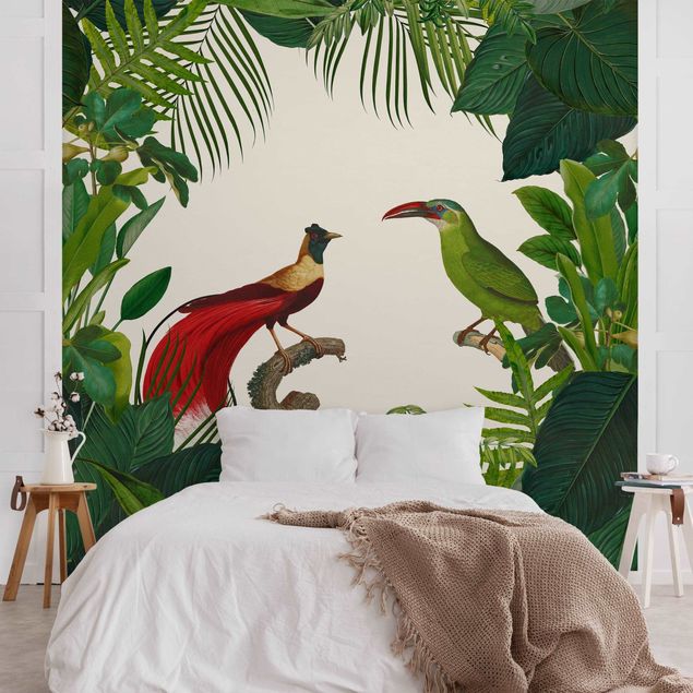 Fototapete - Grünes Paradis mit tropischen Vögeln - Quadrat