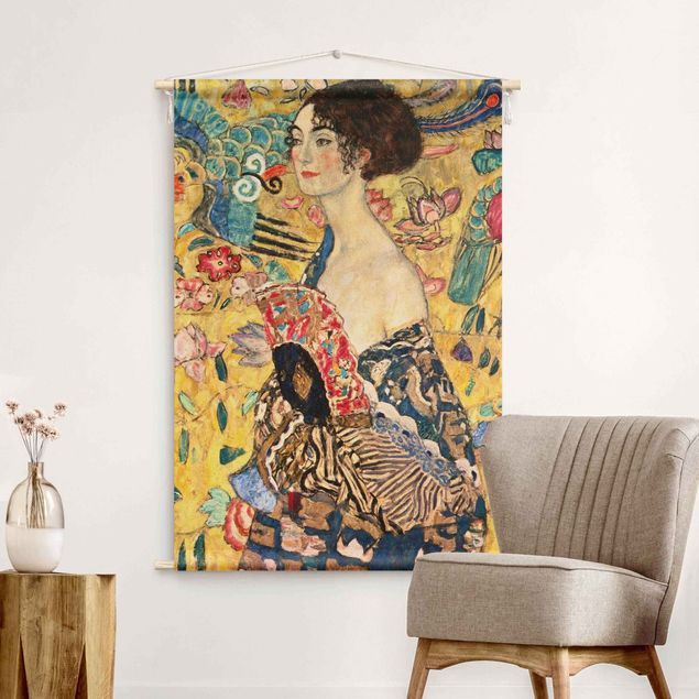 Wandteppich groß Gustav Klimt - Dame mit Fächer