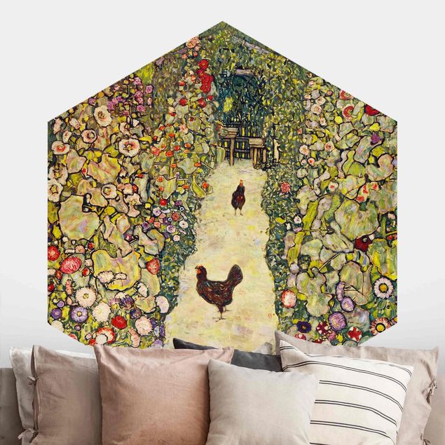 Hexagon Mustertapete selbstklebend - Gustav Klimt - Gartenweg mit Hühnern
