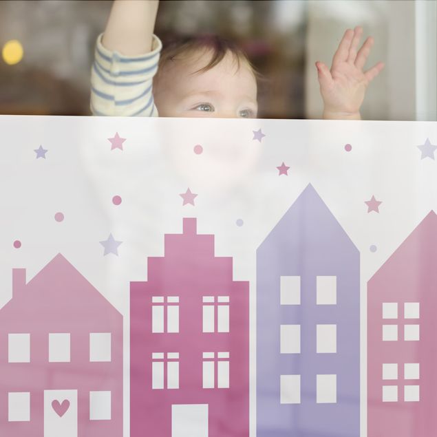 Fensterfolie - Sichtschutz - Häuser und Sterne Pink Violett - Fensterbilder