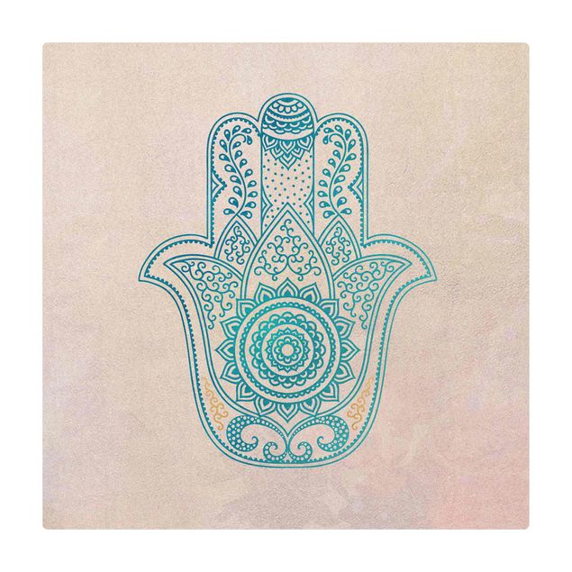 Kork-Teppich - Hamsa Hand Illustration Mandala gold blau - Quadrat 1:1