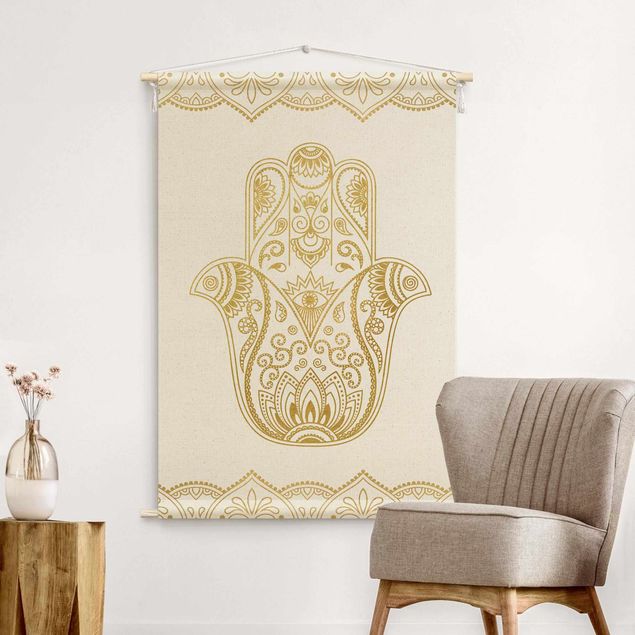 Wandteppich modern Hamsa Hand Illustration weiß gold